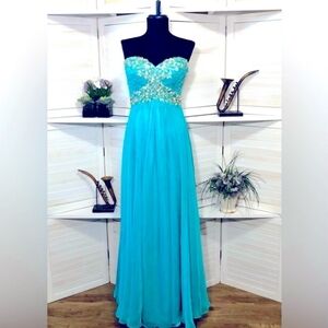 Cinderella beaded sequined teal lace sweetheart strapless maxi formal dress Sz 6